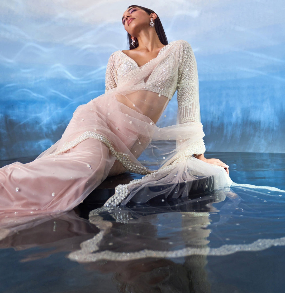 Pastel Peach Net Saree with Full Sleeve Embroidered Blouse Angad Singh - Fabilicious Fashion