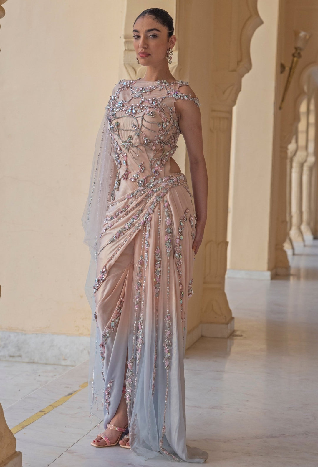 Moledro Pastel Pink And Blue Draped Georgette GownFabilicious Fashion
