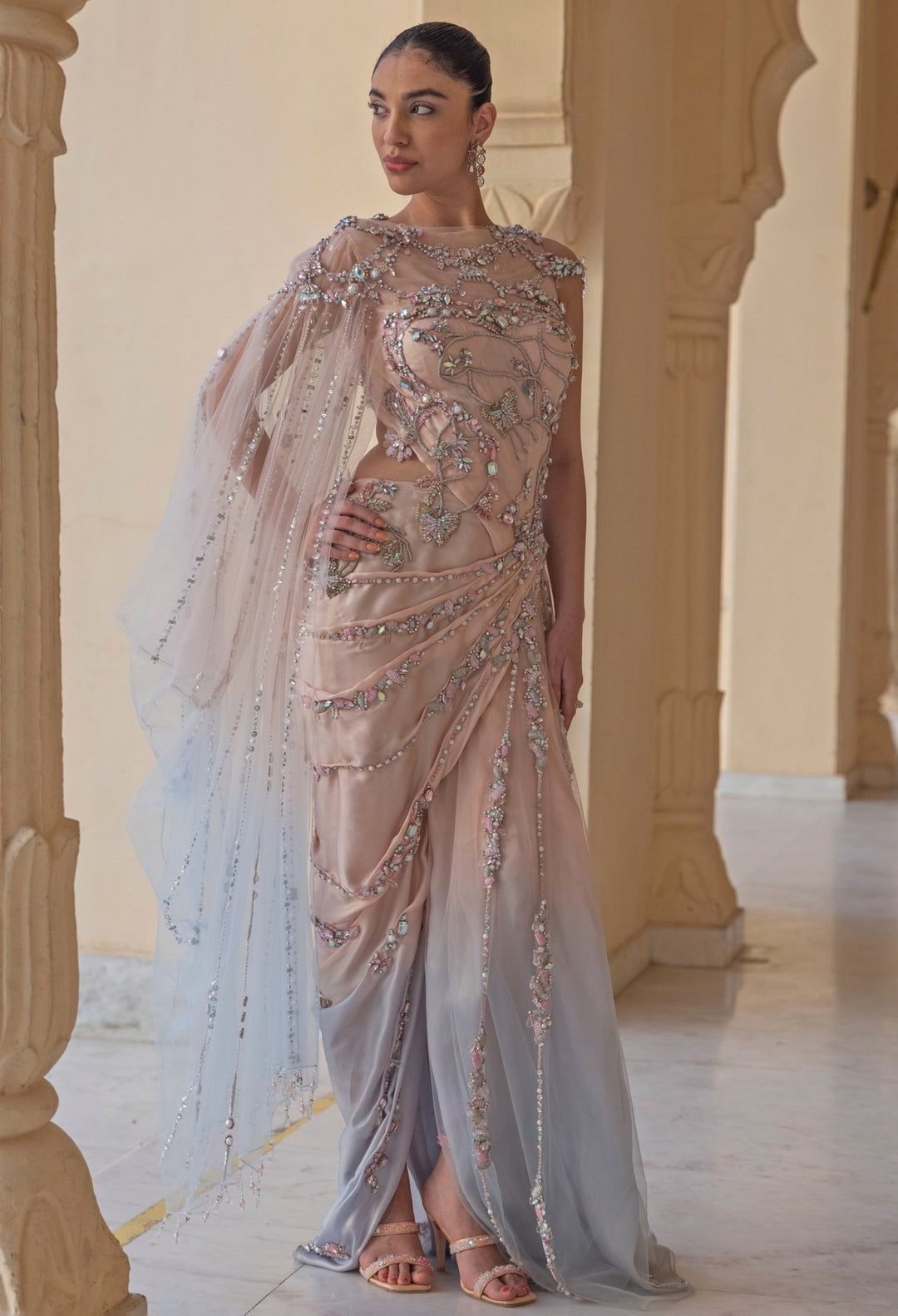 Moledro Pastel Pink And Blue Draped Georgette GownFabilicious Fashion