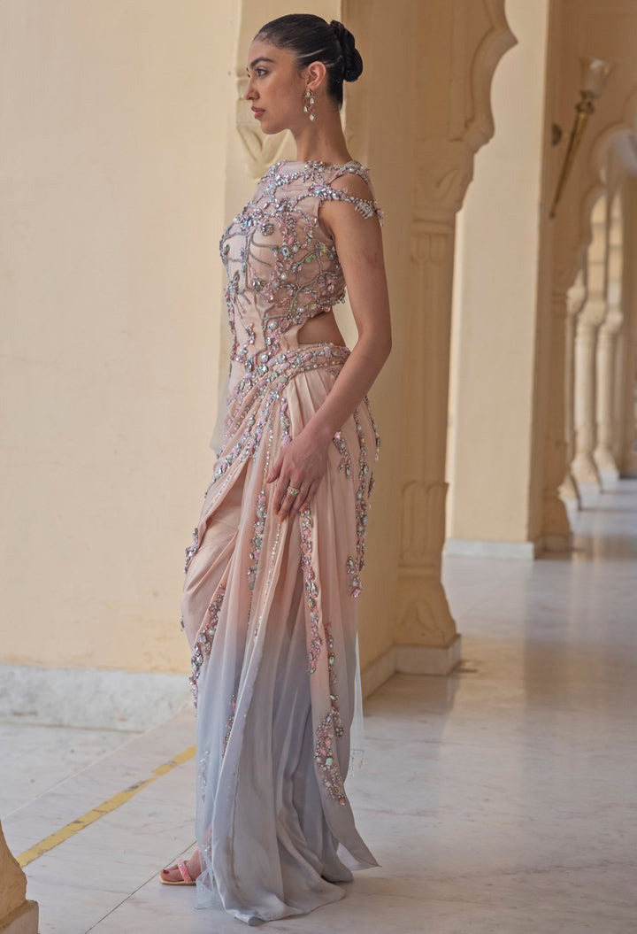 Moledro Pastel Pink And Blue Draped Georgette GownFabilicious Fashion