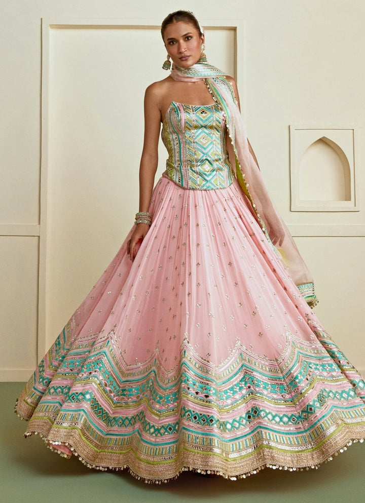 Gopi Vaid Pastel Pink And Blue Georgette Lehenga SetFabilicious Fashion