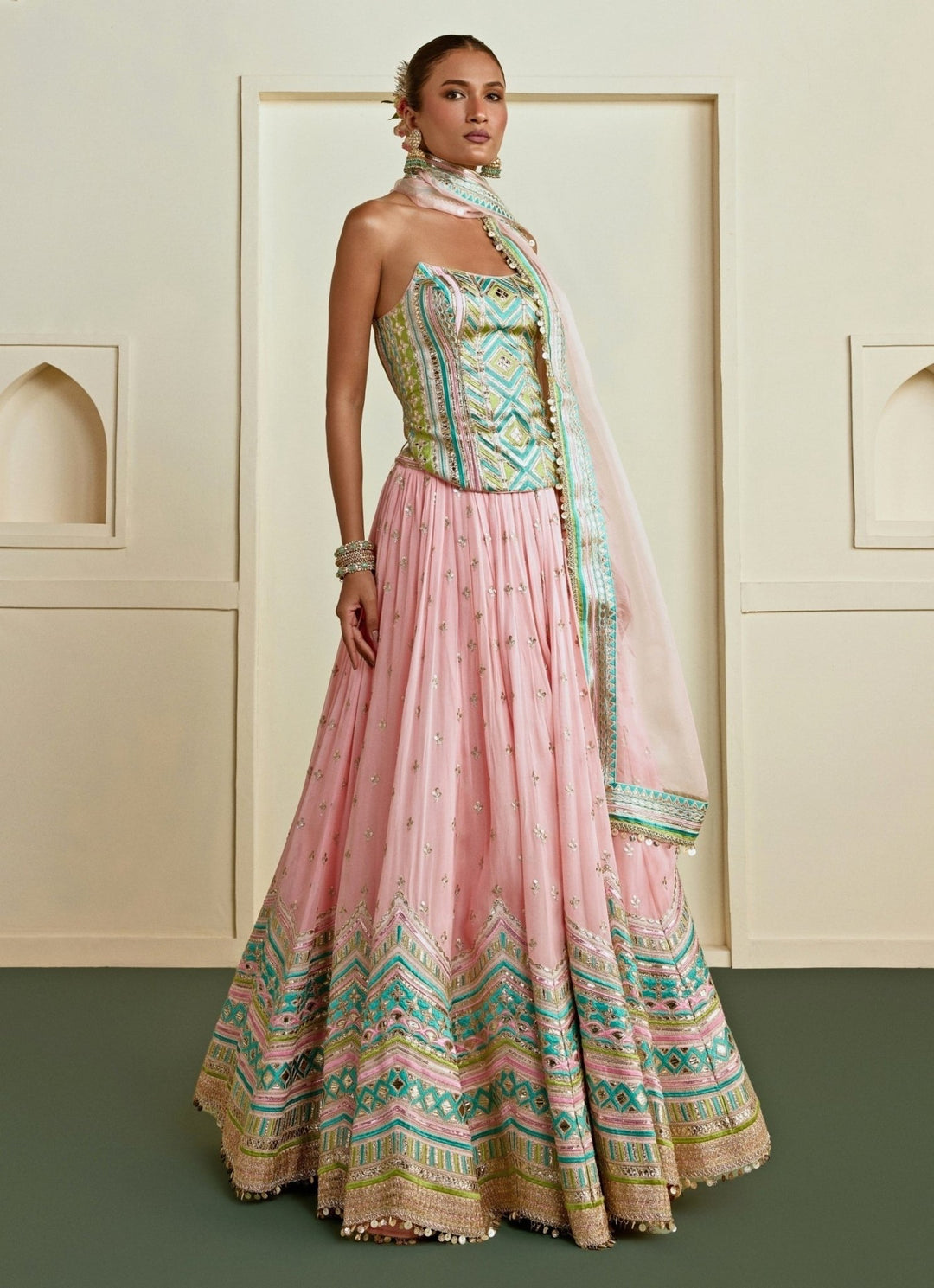 Gopi Vaid Pastel Pink And Blue Georgette Lehenga SetFabilicious Fashion