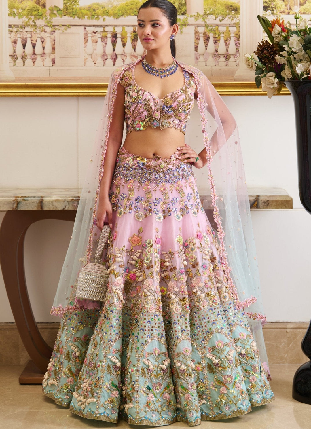 Pastel Pink And Blue Ombre Embroidered Lehenga Set Moledro - Fabilicious Fashion