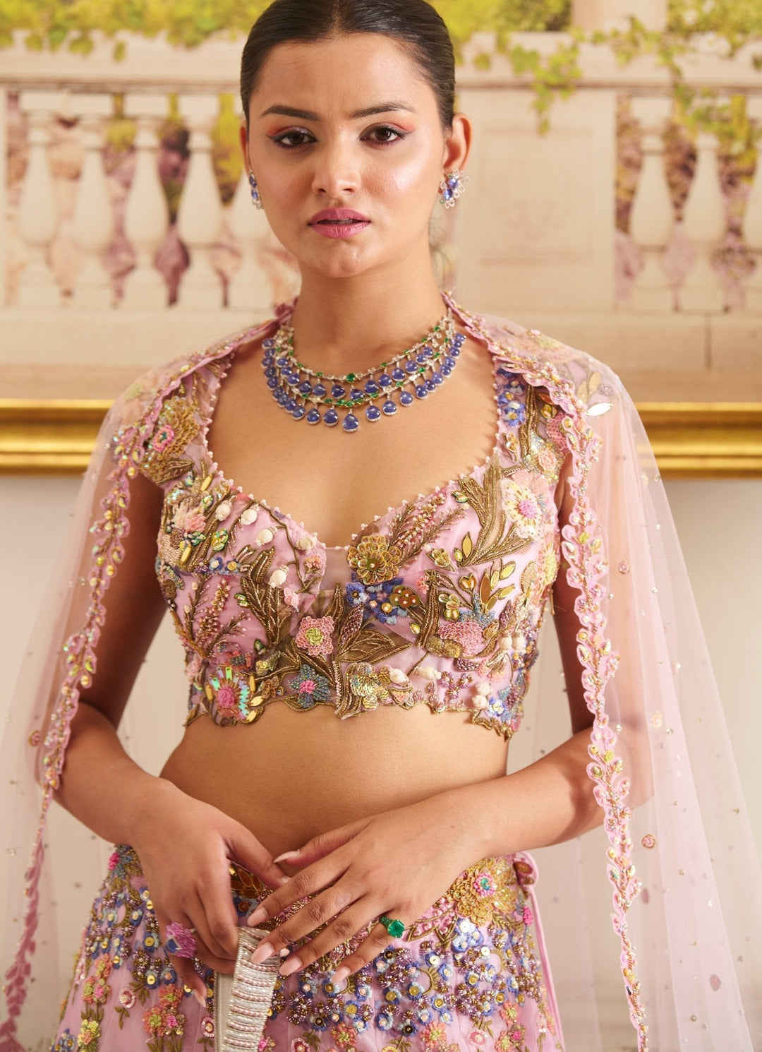 Pastel Pink And Blue Ombre Embroidered Lehenga Set Moledro - Fabilicious Fashion