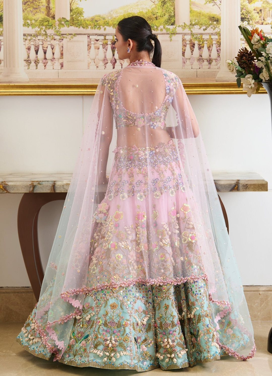 Pastel Pink And Blue Ombre Embroidered Lehenga Set Moledro - Fabilicious Fashion
