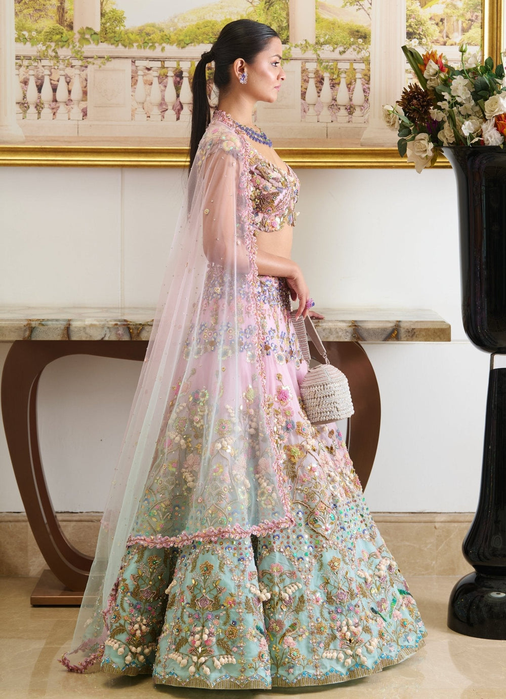 Pastel Pink And Blue Ombre Embroidered Lehenga Set Moledro - Fabilicious Fashion
