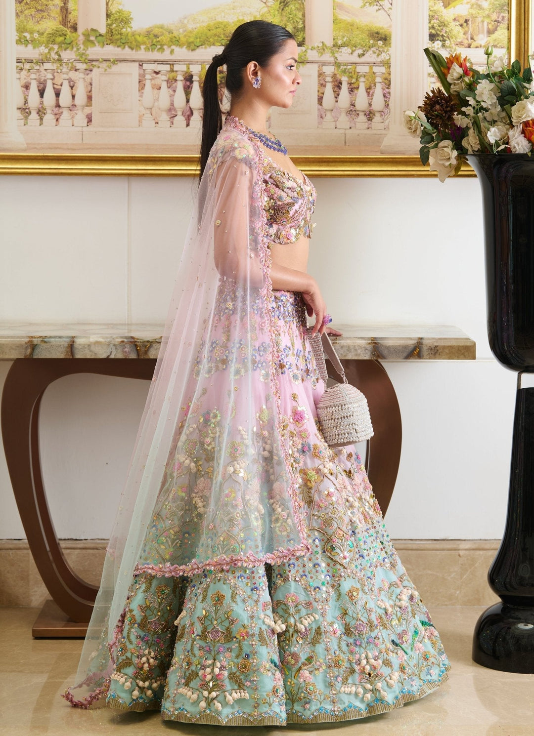 Pastel Pink And Blue Ombre Embroidered Lehenga Set Moledro - Fabilicious Fashion