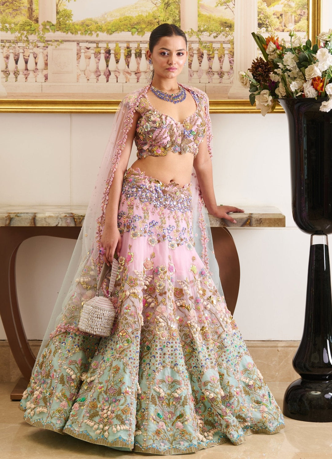 Pastel Pink And Blue Ombre Embroidered Lehenga Set Moledro - Fabilicious Fashion