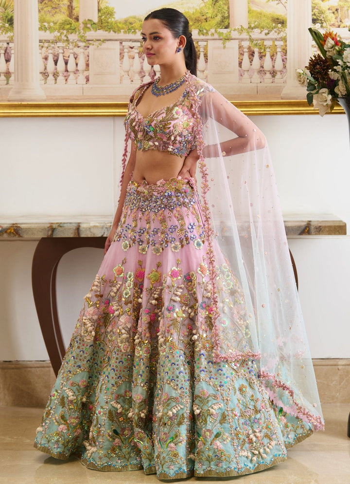 Pastel Pink And Blue Ombre Embroidered Lehenga Set Moledro - Fabilicious Fashion