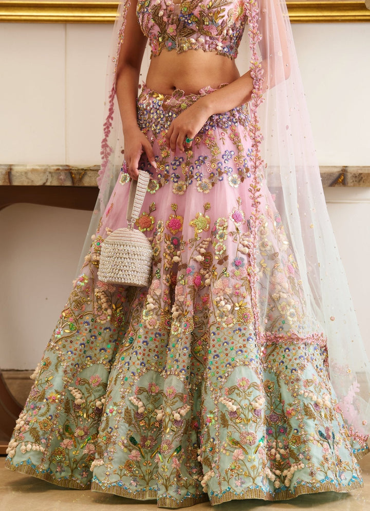 Pastel Pink And Blue Ombre Embroidered Lehenga Set Moledro - Fabilicious Fashion