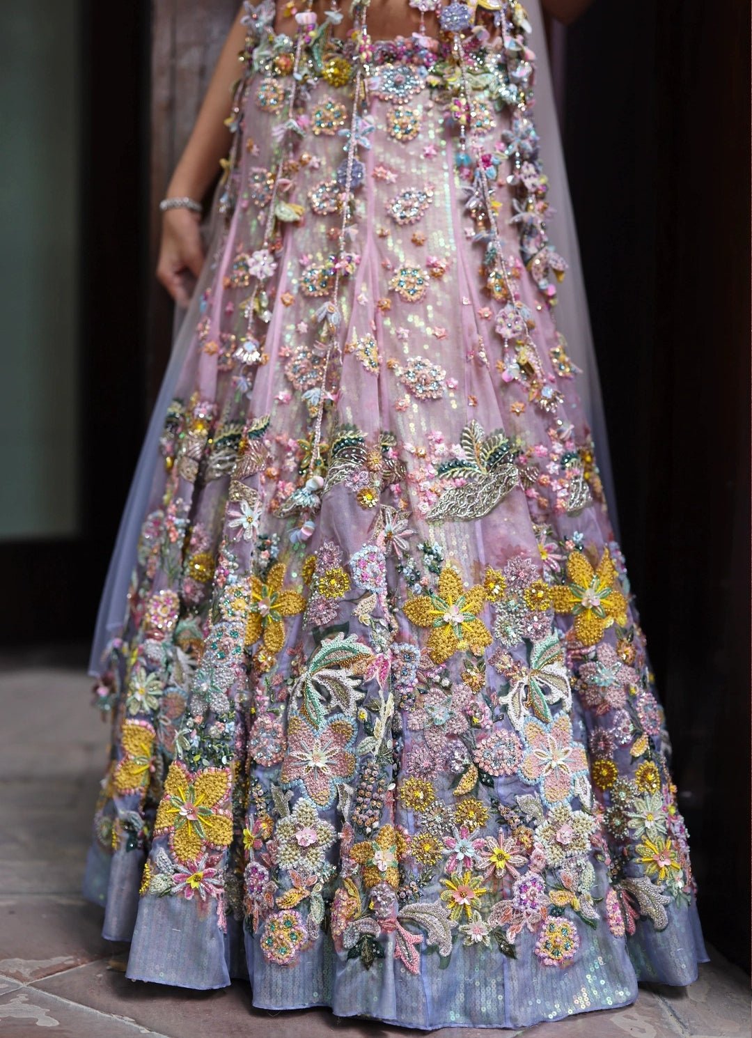 Pastel Pink And Blue Organza Lehenga With Attached Dupatta Moledro - Fabilicious Fashion