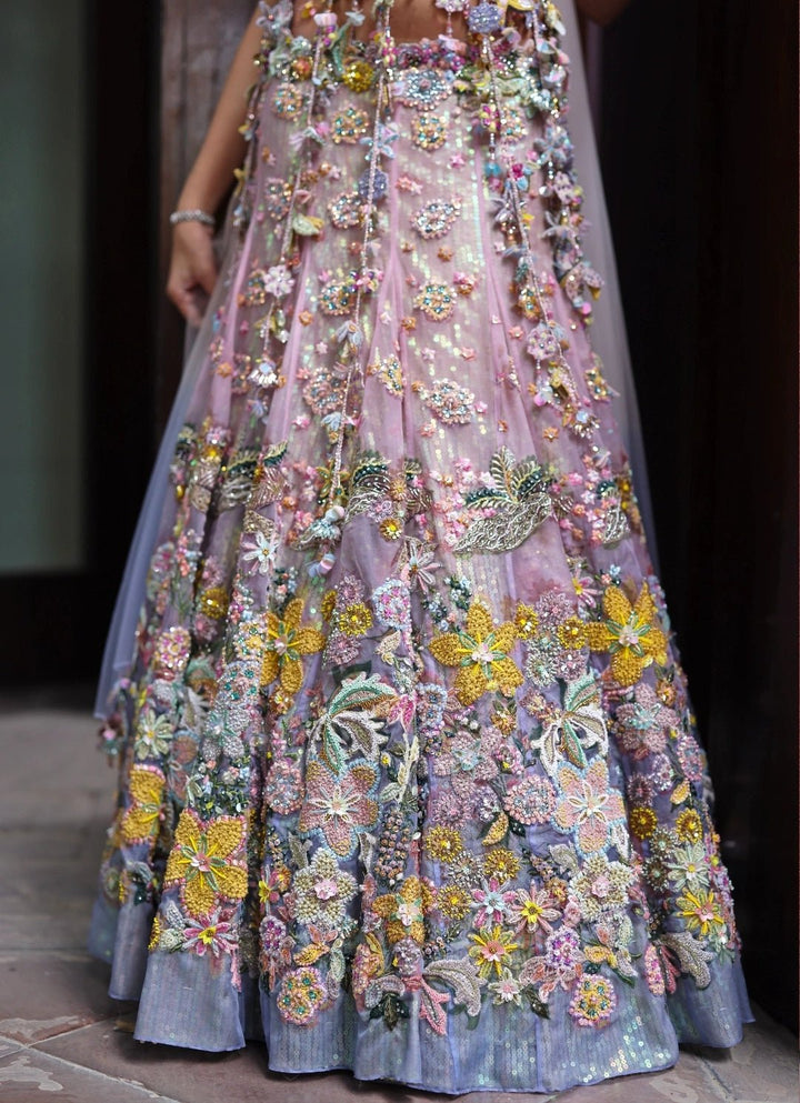 Pastel Pink And Blue Organza Lehenga With Attached Dupatta Moledro - Fabilicious Fashion