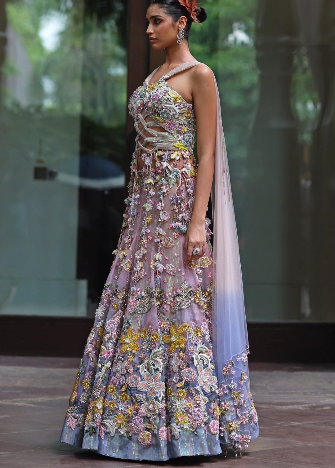 Pastel Pink And Blue Organza Lehenga With Attached Dupatta Moledro - Fabilicious Fashion