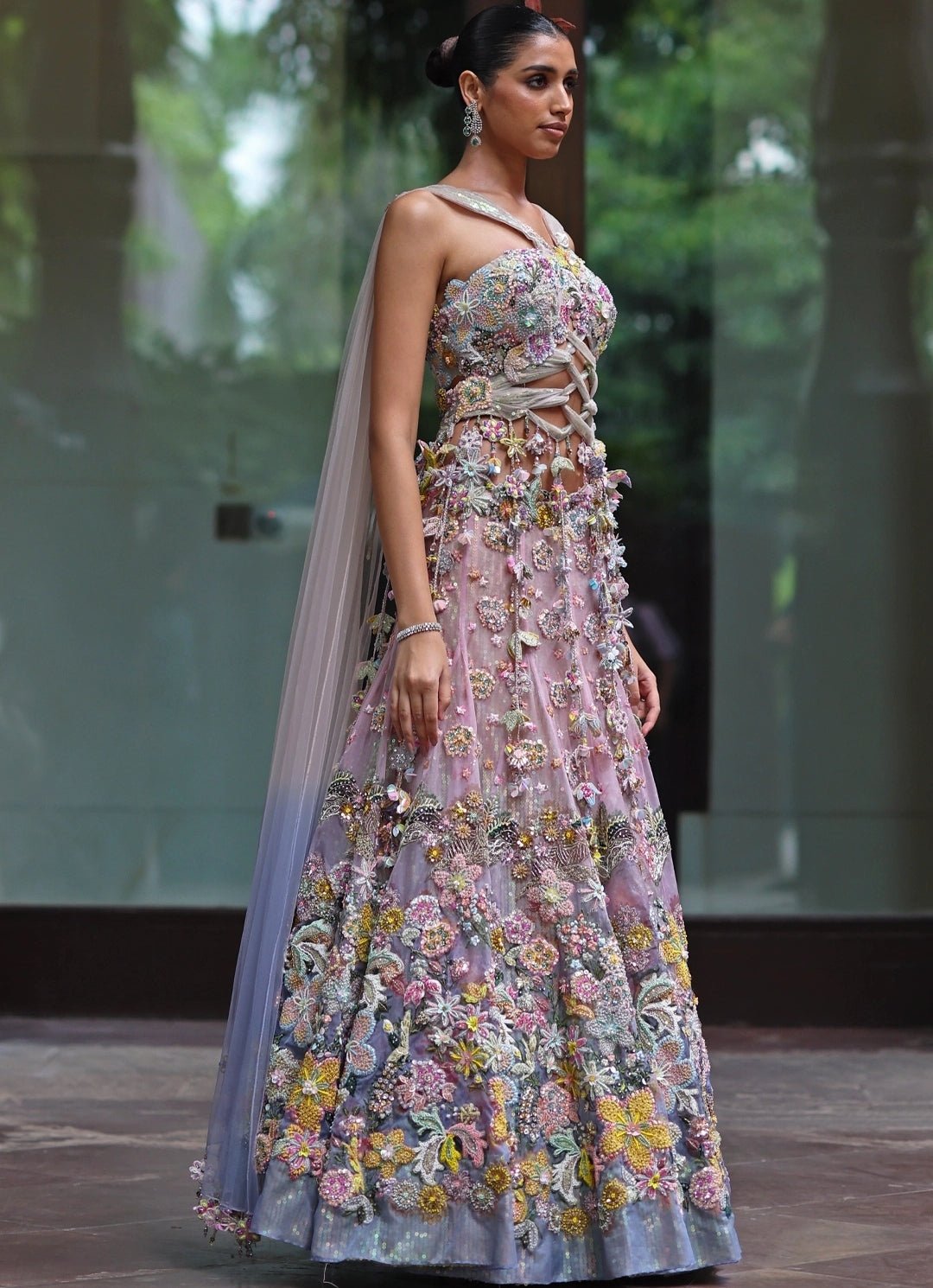 Pastel Pink And Blue Organza Lehenga With Attached Dupatta Moledro - Fabilicious Fashion