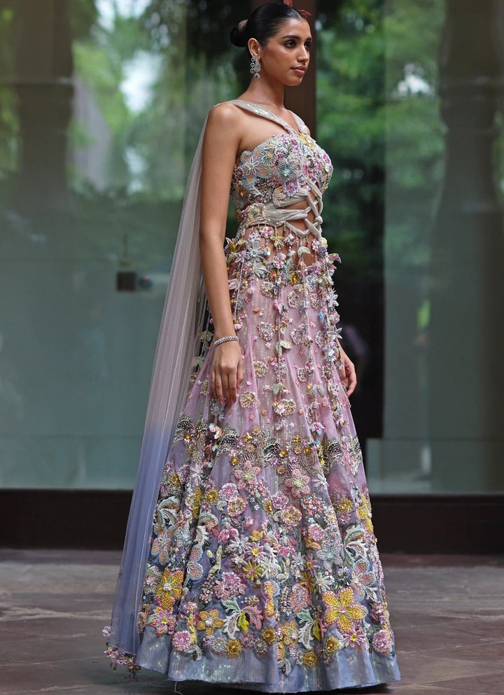 Pastel Pink And Blue Organza Lehenga With Attached Dupatta Moledro - Fabilicious Fashion