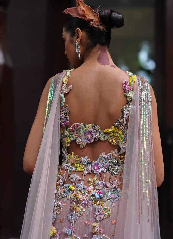 Pastel Pink And Blue Organza Lehenga With Attached Dupatta Moledro - Fabilicious Fashion