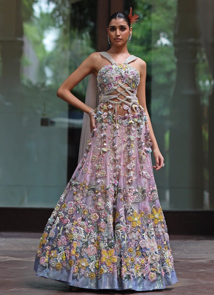 Pastel Pink And Blue Organza Lehenga With Attached Dupatta Moledro - Fabilicious Fashion