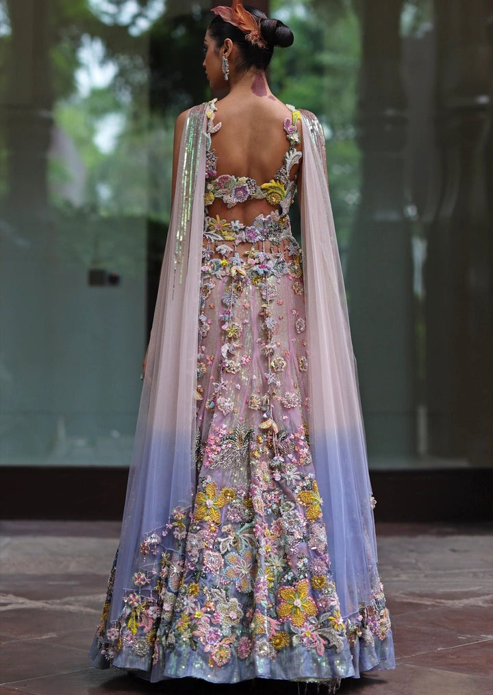 Pastel Pink And Blue Organza Lehenga With Attached Dupatta Moledro - Fabilicious Fashion