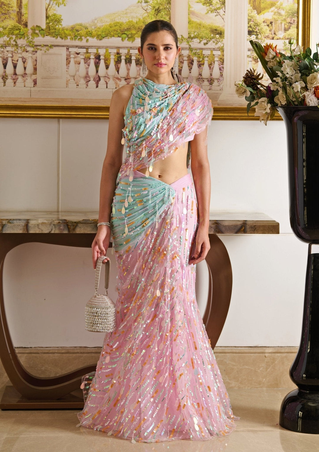 Pastel Pink And Blue Pre - Draped Georgette Saree Moledro - Fabilicious Fashion