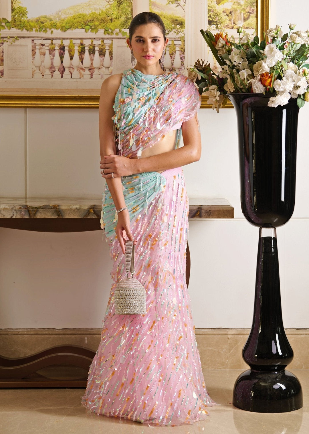 Pastel Pink And Blue Pre - Draped Georgette Saree Moledro - Fabilicious Fashion