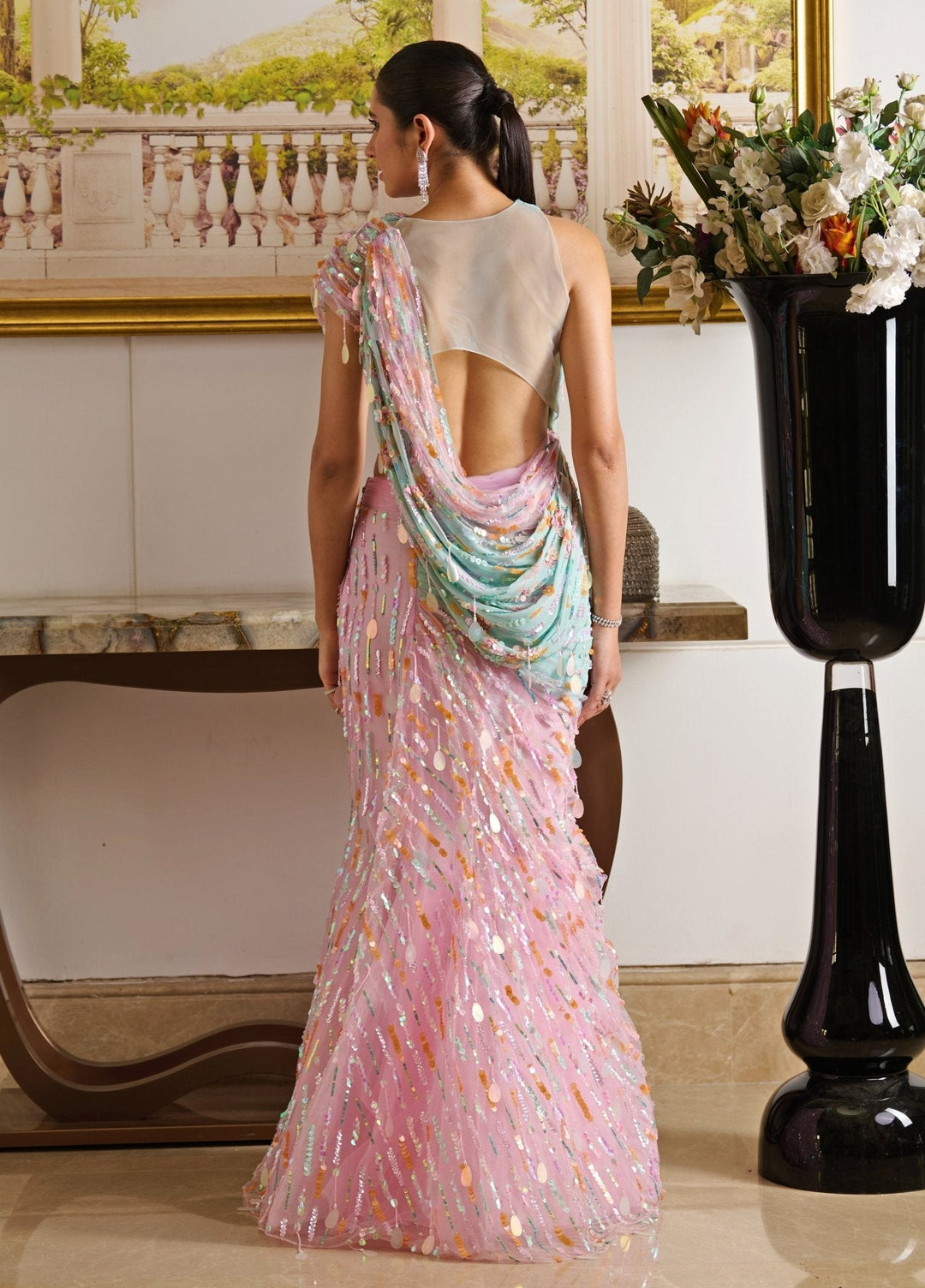 Pastel Pink And Blue Pre - Draped Georgette Saree Moledro - Fabilicious Fashion