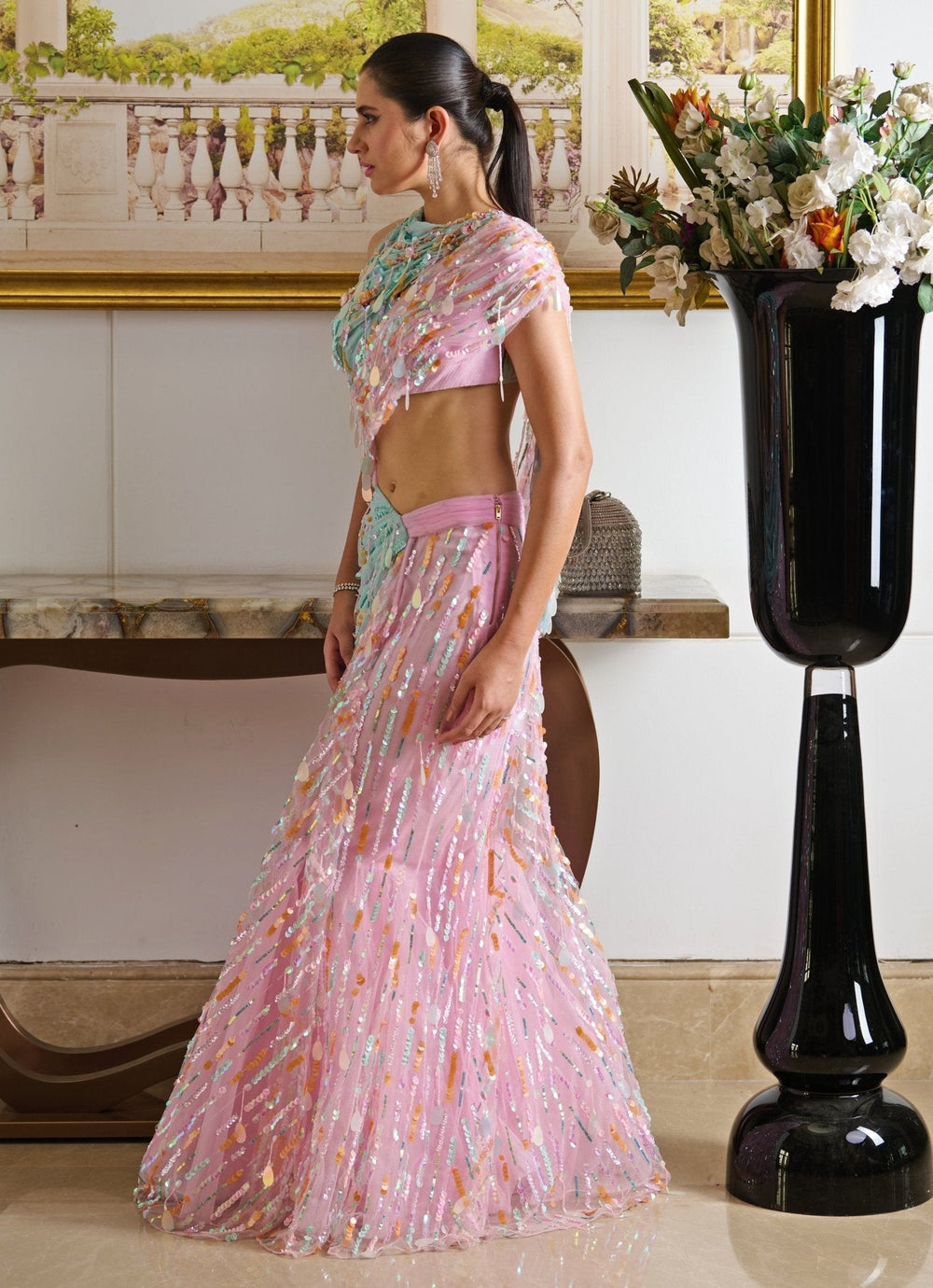 Pastel Pink And Blue Pre - Draped Georgette Saree Moledro - Fabilicious Fashion