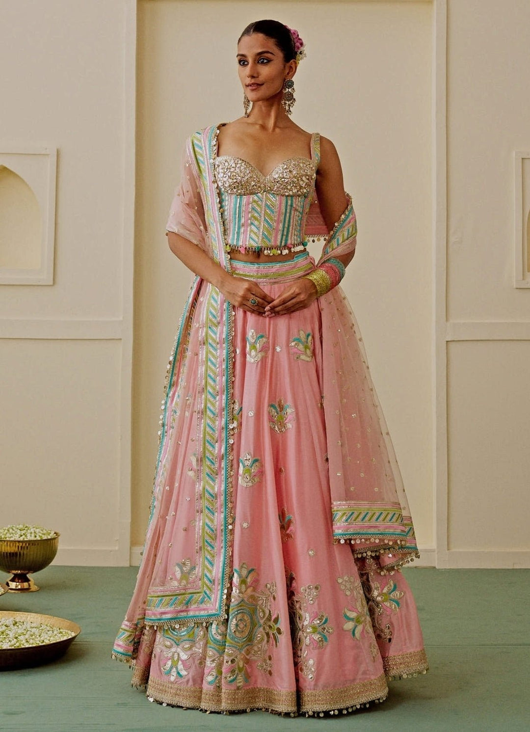 Gopi Vaid Pastel Pink And Blue Tussar Corset Lehenga SetFabilicious Fashion