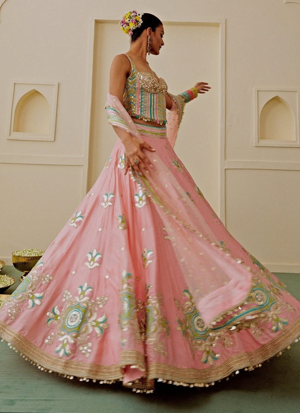 Gopi Vaid Pastel Pink And Blue Tussar Corset Lehenga SetFabilicious Fashion