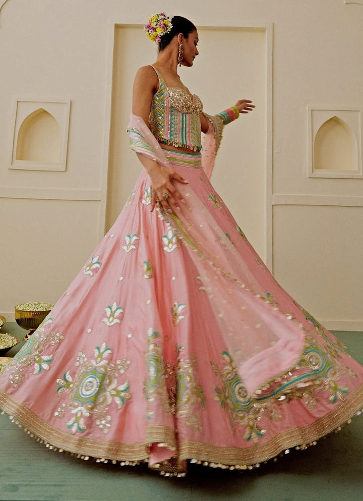 Gopi Vaid Pastel Pink And Blue Tussar Corset Lehenga SetFabilicious Fashion