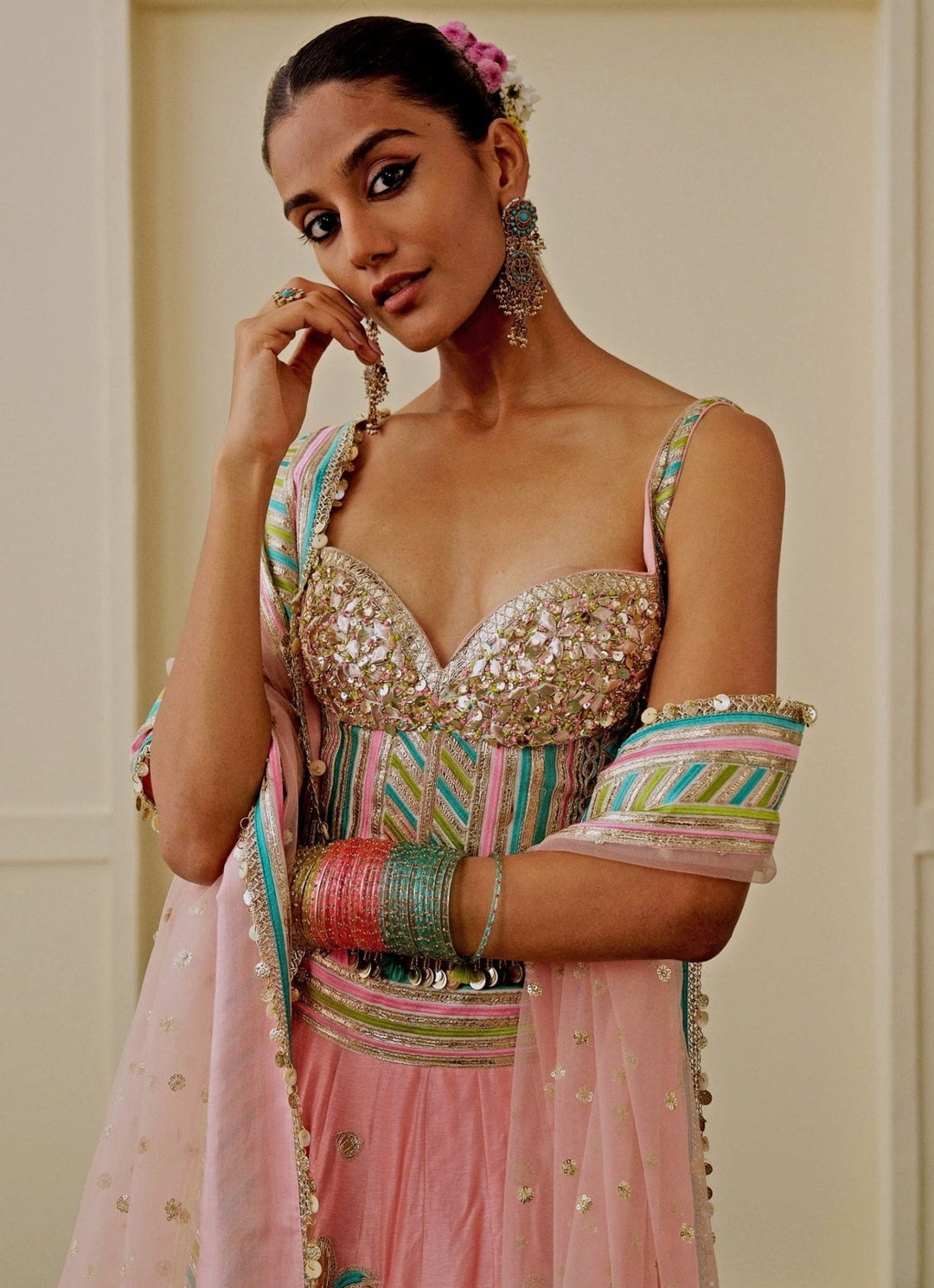 Gopi Vaid Pastel Pink And Blue Tussar Corset Lehenga SetFabilicious Fashion