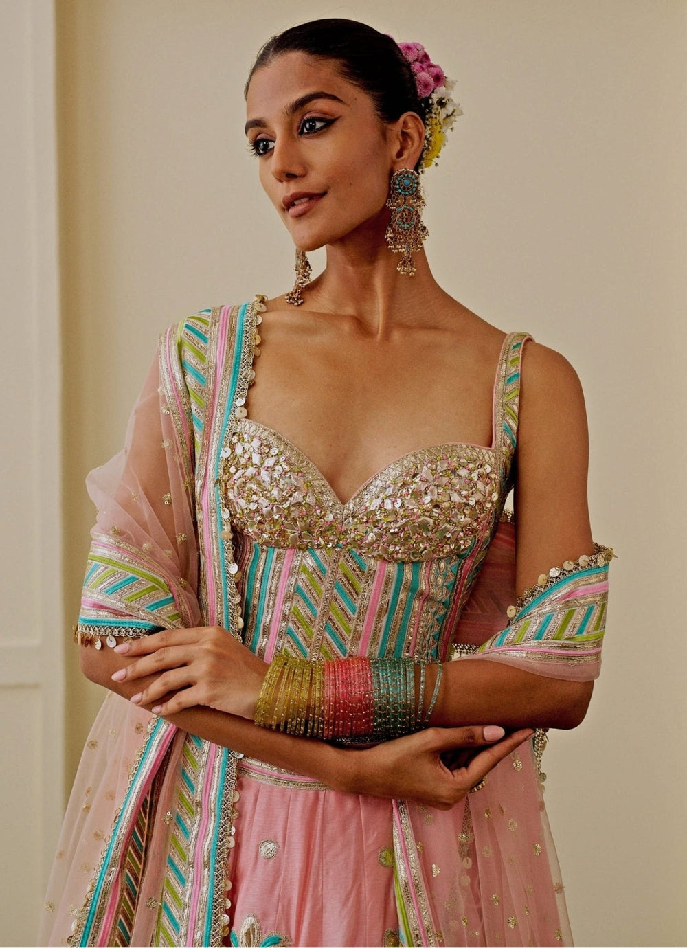 Gopi Vaid Pastel Pink And Blue Tussar Corset Lehenga SetFabilicious Fashion