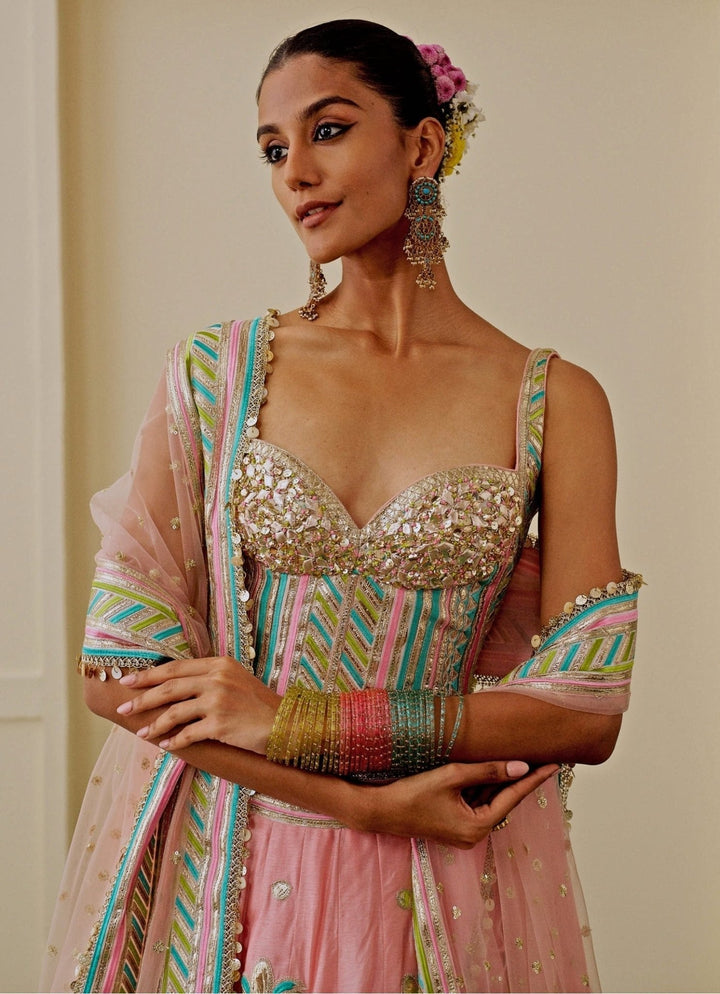 Gopi Vaid Pastel Pink And Blue Tussar Corset Lehenga SetFabilicious Fashion