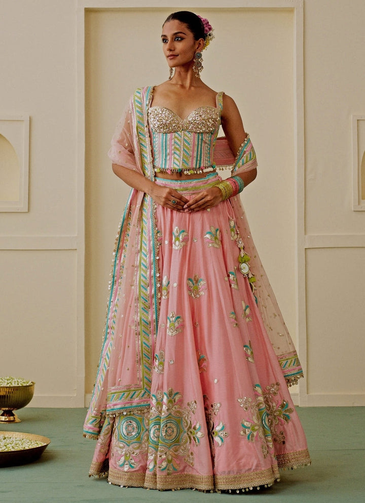 Gopi Vaid Pastel Pink And Blue Tussar Corset Lehenga SetFabilicious Fashion
