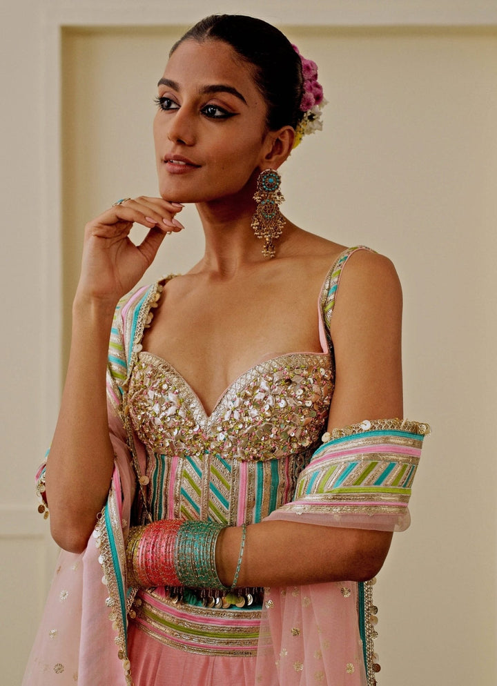 Gopi Vaid Pastel Pink And Blue Tussar Corset Lehenga SetFabilicious Fashion