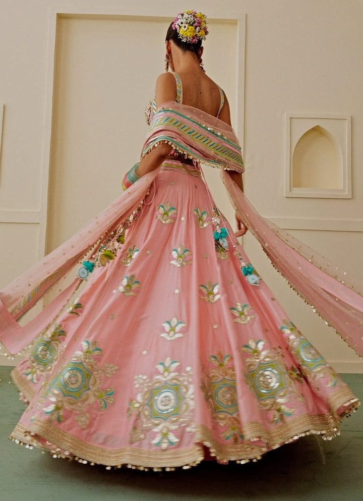Gopi Vaid Pastel Pink And Blue Tussar Corset Lehenga SetFabilicious Fashion