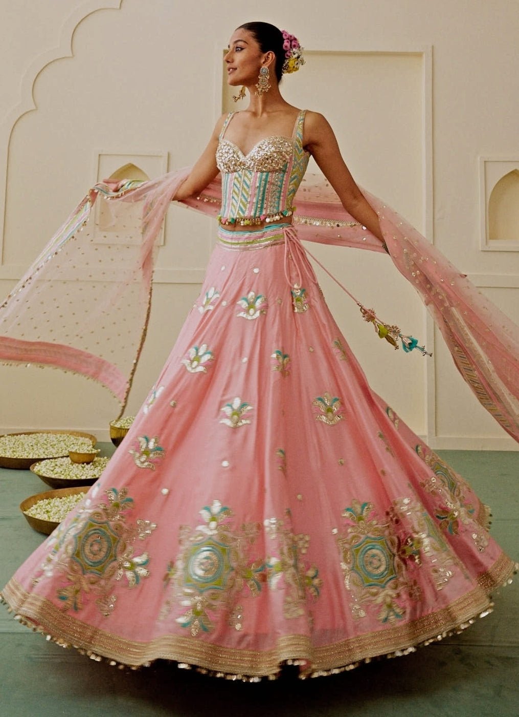 Gopi Vaid Pastel Pink And Blue Tussar Corset Lehenga SetFabilicious Fashion