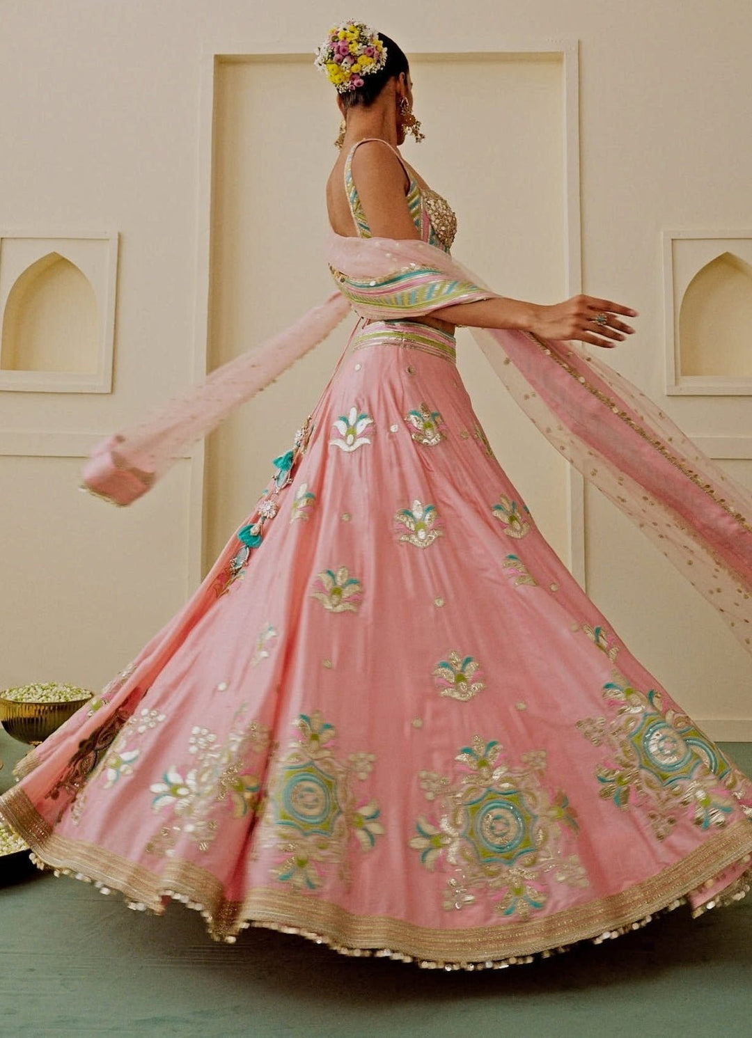 Gopi Vaid Pastel Pink And Blue Tussar Corset Lehenga SetFabilicious Fashion