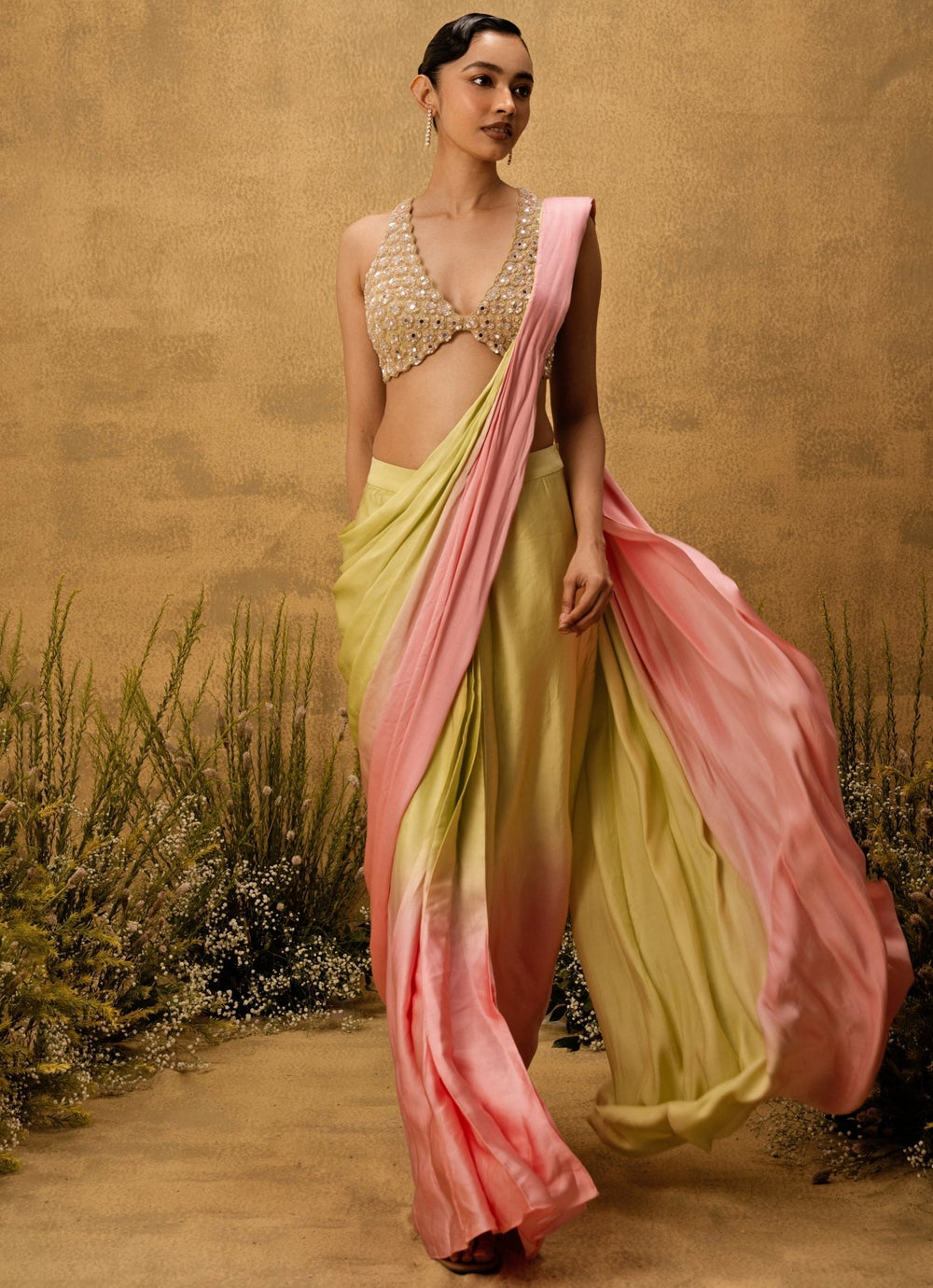 Quench A Thirst Pastel Pink And Green Predraped Satin SareeFabilicious Fashion