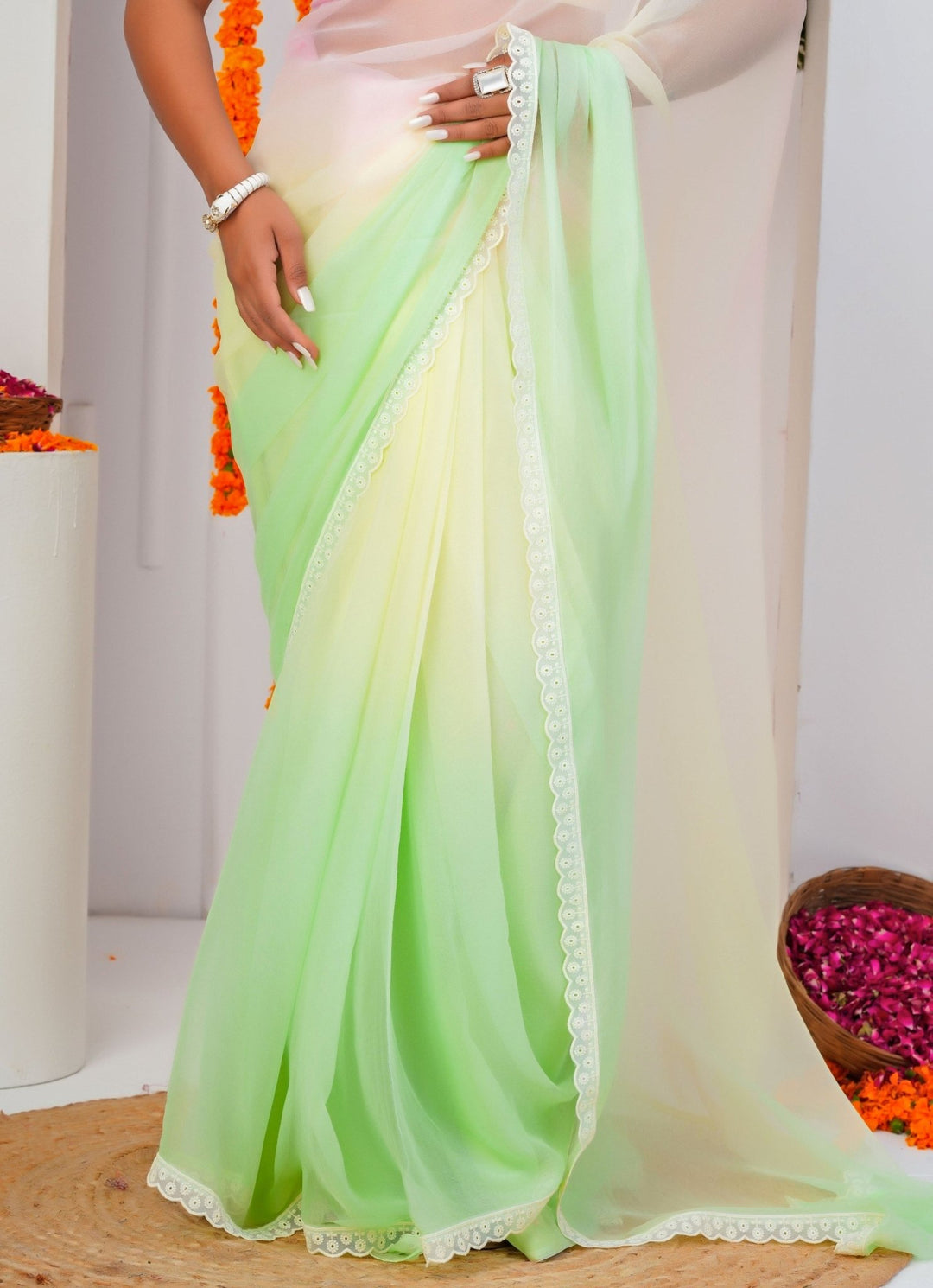 Geroo Jaipur Pastel Pink And Green Shaded Chiffon SareeFabilicious Fashion
