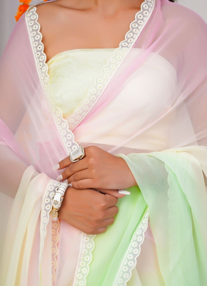 Geroo Jaipur Pastel Pink And Green Shaded Chiffon SareeFabilicious Fashion