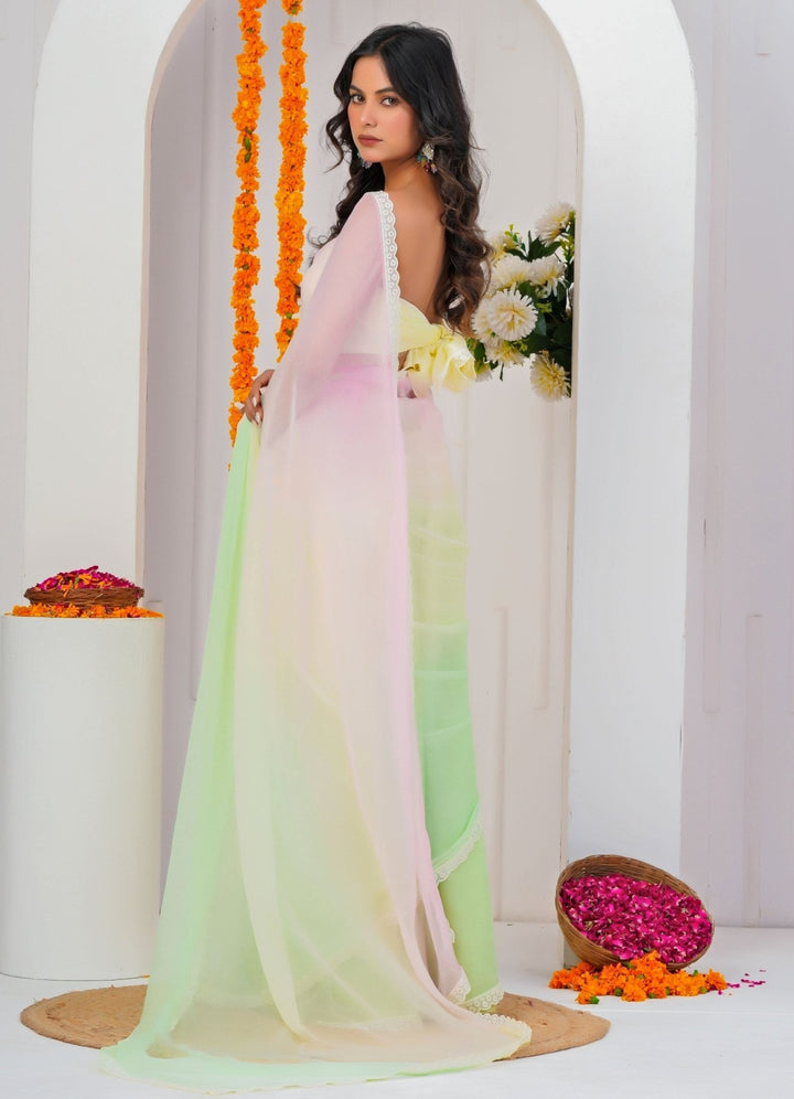 Geroo Jaipur Pastel Pink And Green Shaded Chiffon SareeFabilicious Fashion