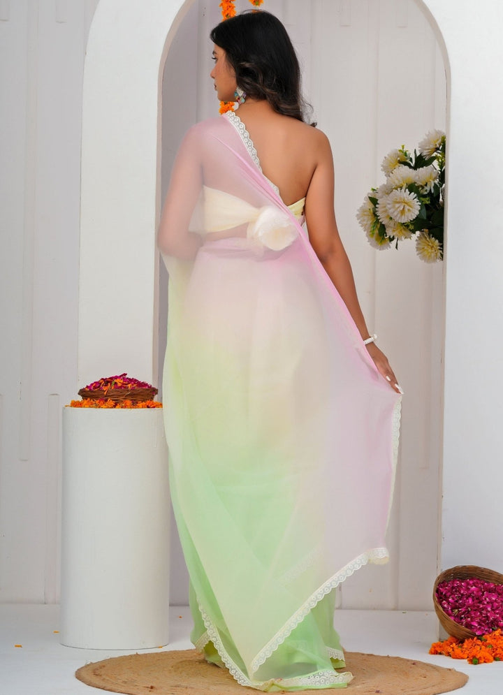 Geroo Jaipur Pastel Pink And Green Shaded Chiffon SareeFabilicious Fashion