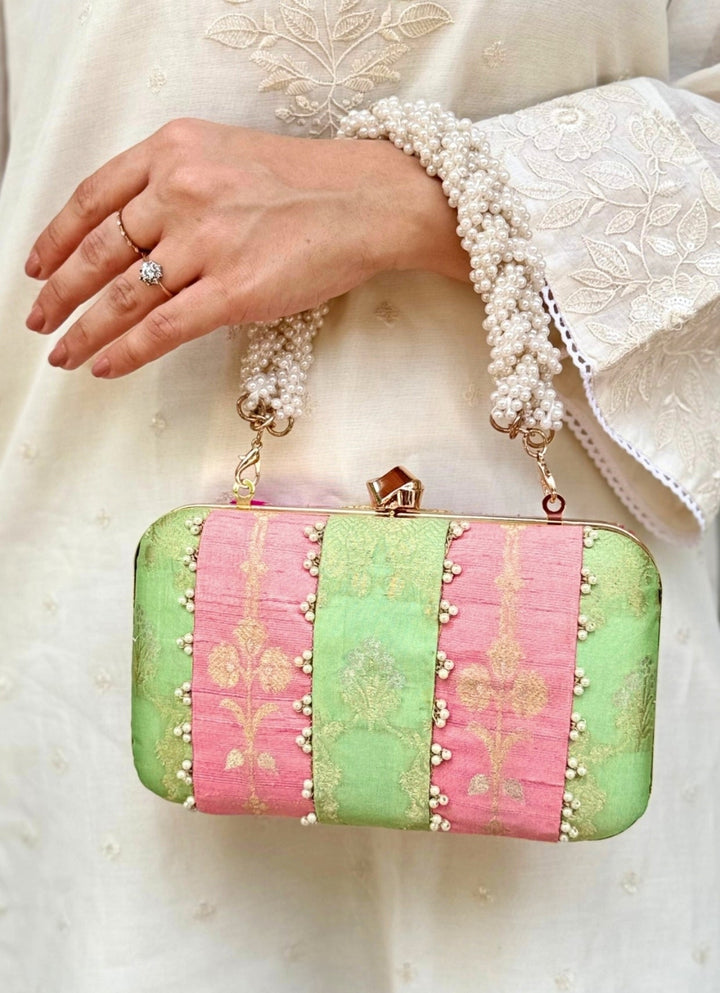 Pastel Pink And Green Silk Clutch Amyra - Fabilicious Fashion