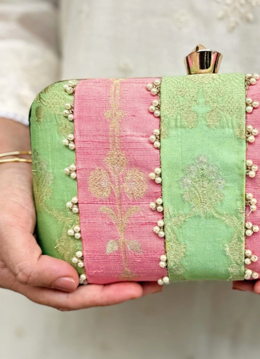 Pastel Pink And Green Silk Clutch Amyra - Fabilicious Fashion