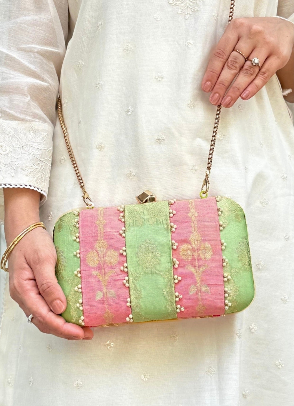 Pastel Pink And Green Silk Clutch Amyra - Fabilicious Fashion