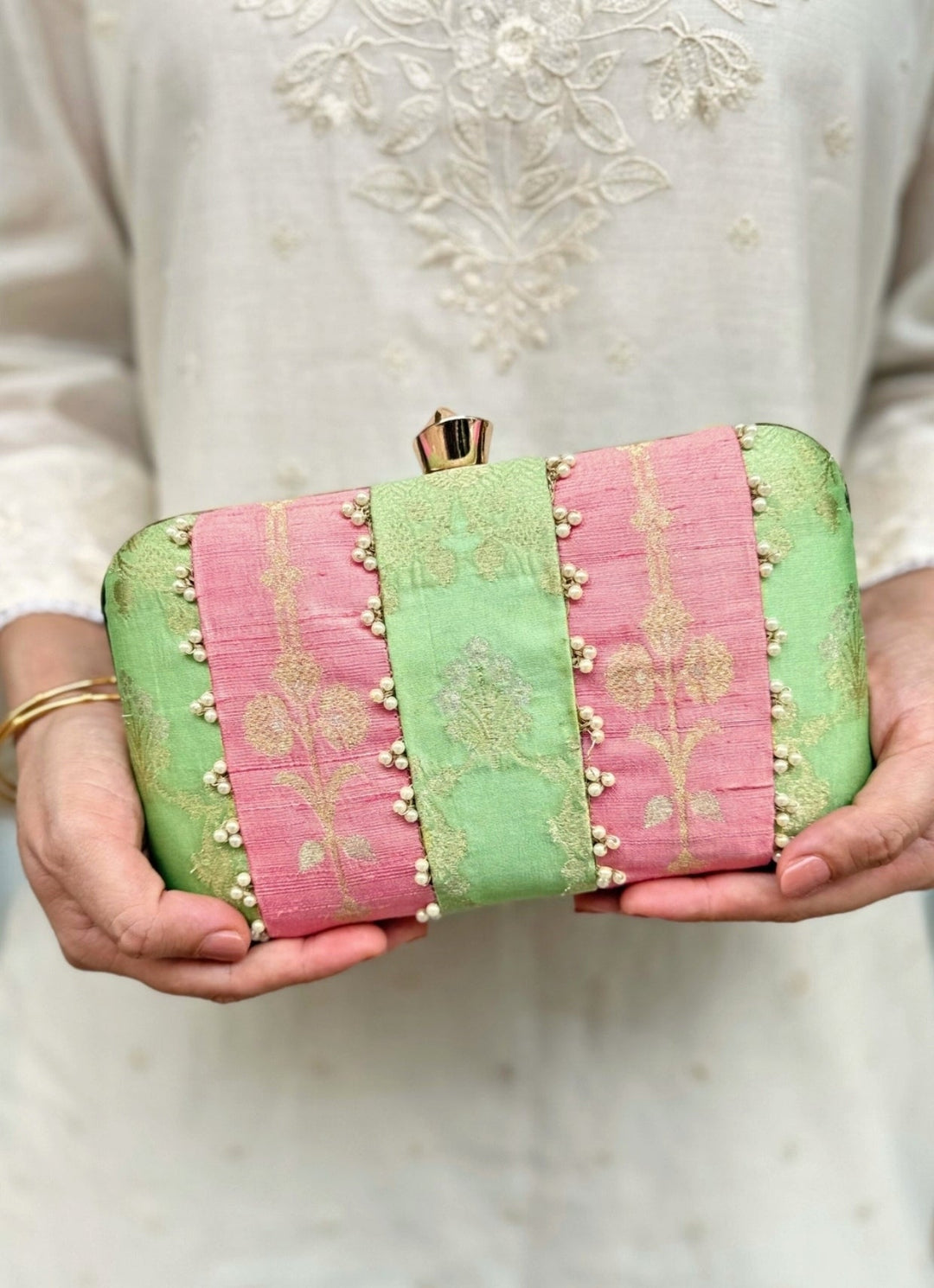Pastel Pink And Green Silk Clutch Amyra - Fabilicious Fashion