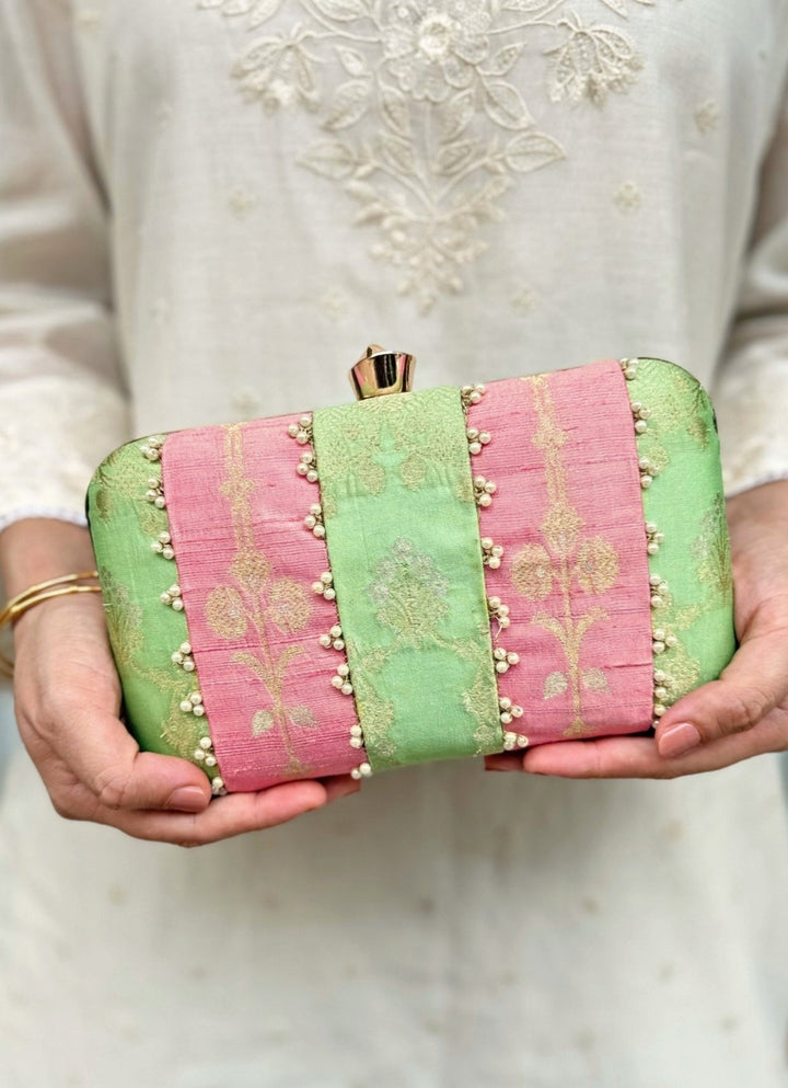 Pastel Pink And Green Silk Clutch Amyra - Fabilicious Fashion