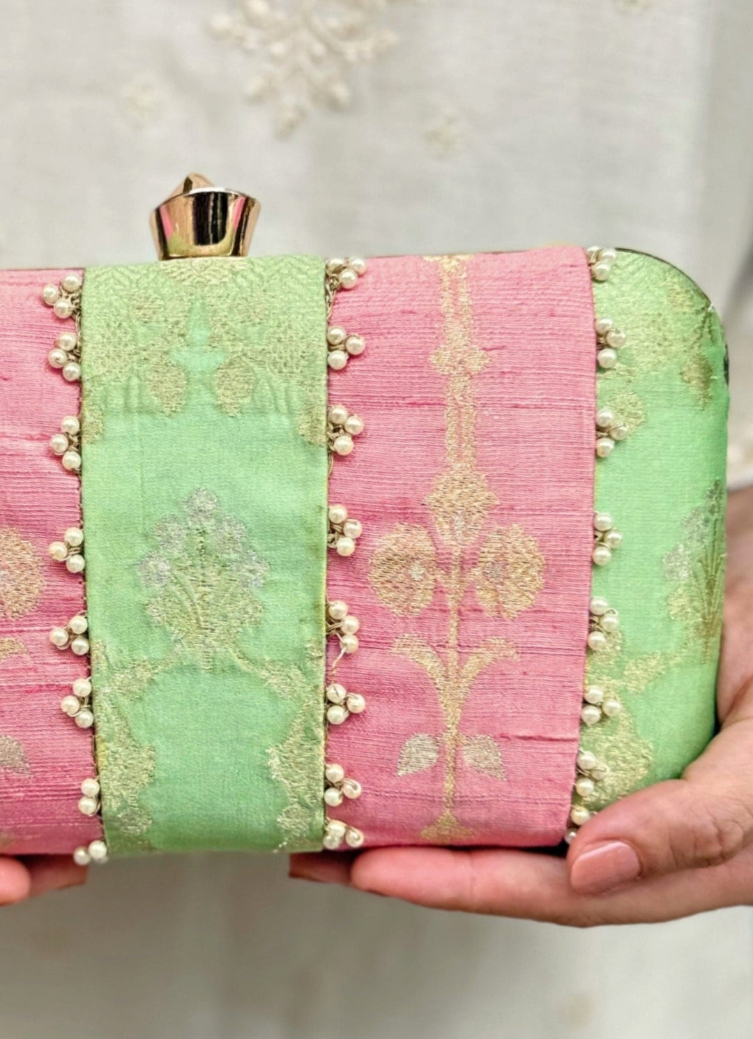 Pastel Pink And Green Silk Clutch Amyra - Fabilicious Fashion