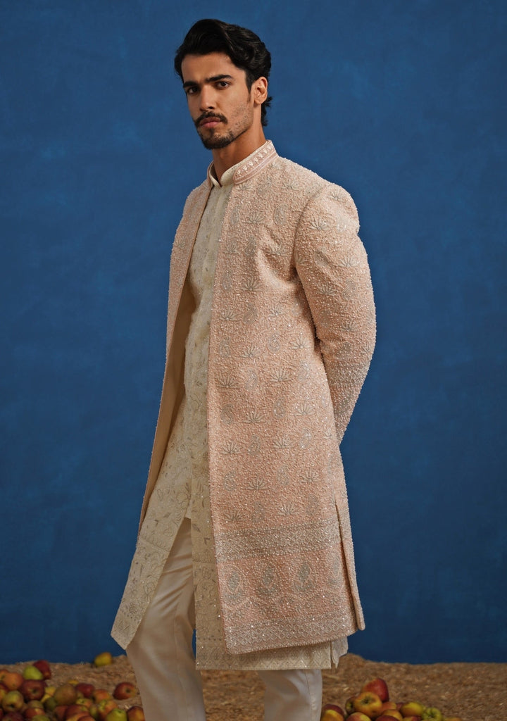 Pastel Pink and Ivory Georgette Sherwani Set Kalpraag - Fabilicious Fashion