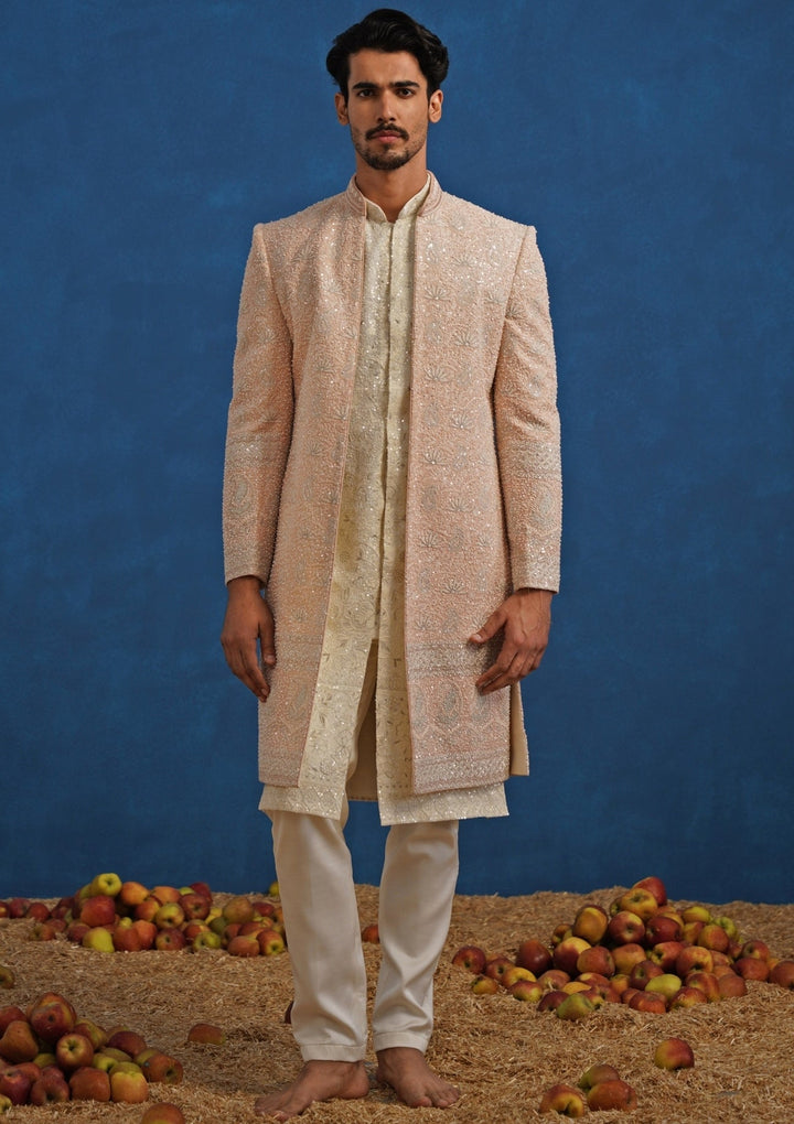 Pastel Pink and Ivory Georgette Sherwani Set Kalpraag - Fabilicious Fashion